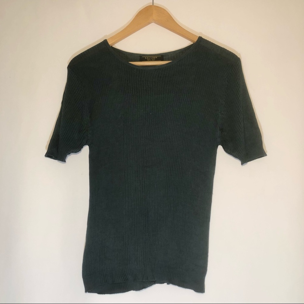 100% SILK KAI LONG HANDMADE EMERALD TOP BLOUSE RIBBED KNIT SHORT SLEEVE SHIRT